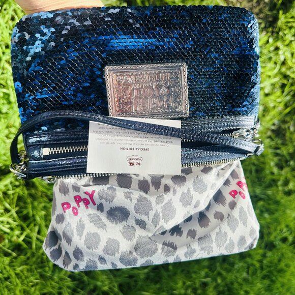 VTG Y2K Coach XL Poppy Sequin Wristlet Sapphire Blue Sparkle Purse Wallet - Picture 9 of 16